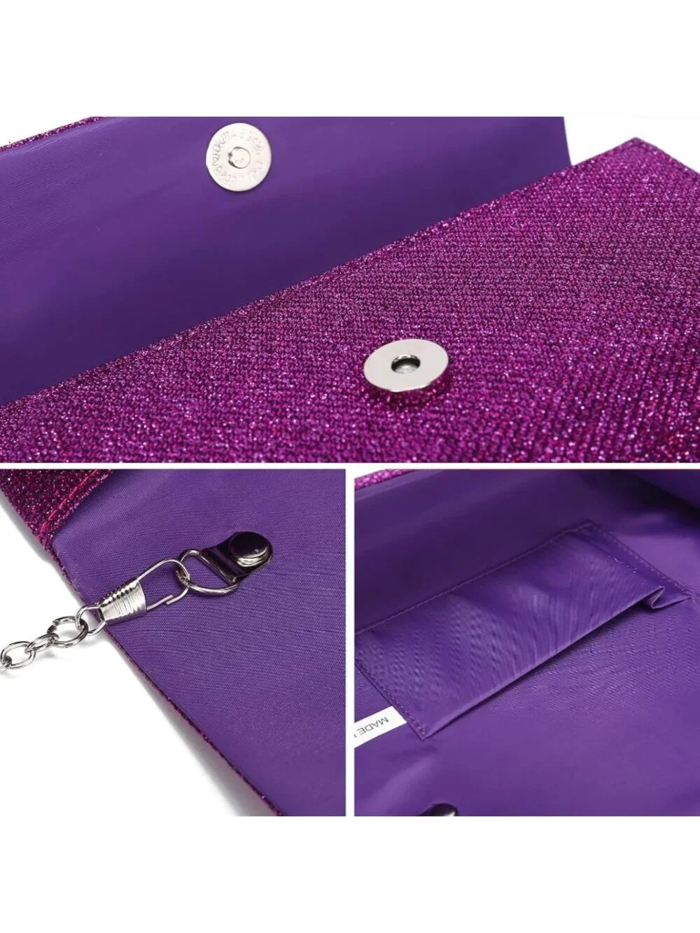 Women's Purple Glitter Clutch Purse Evening Bag With Chain For Wedding Handbag